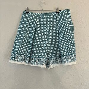 Trina Turk Teal and White Geometric Fringe-Hem Bermuda Shorts